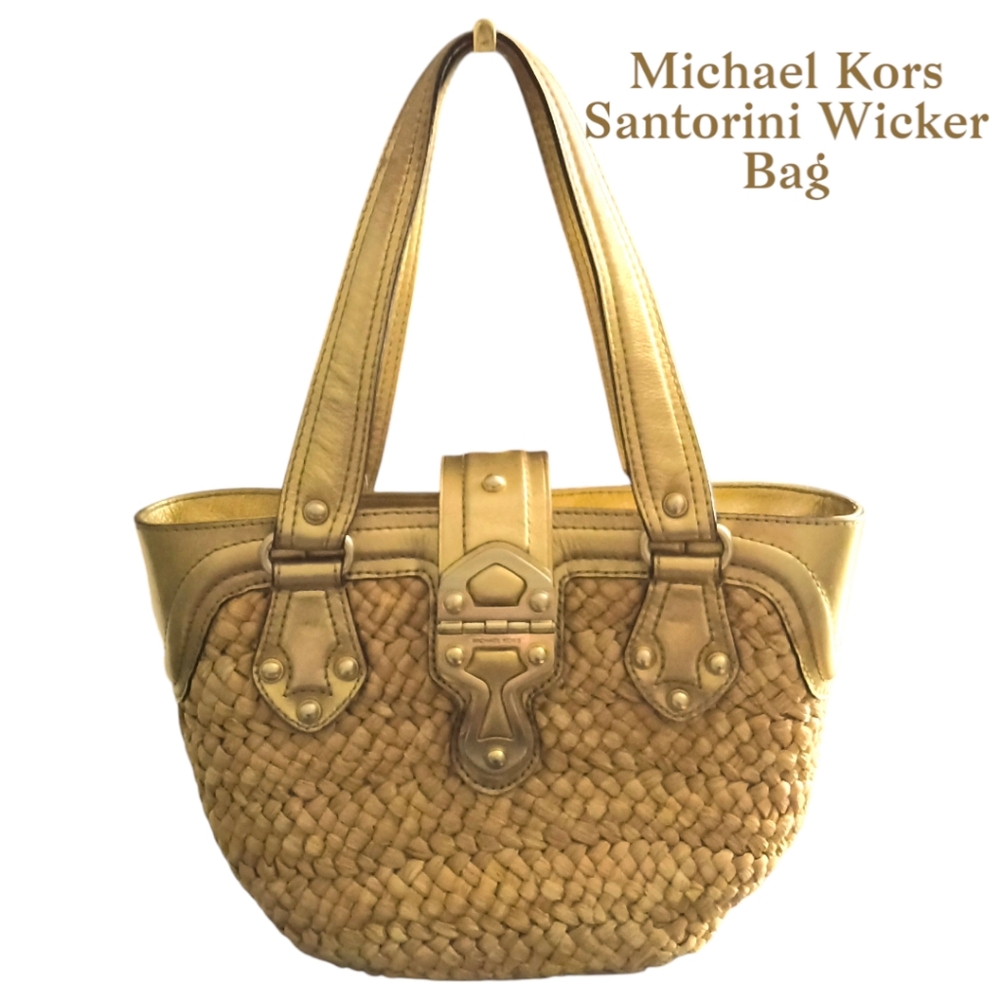 Michael Kors Santorini Wicker Satchel with Gold Leather Trim Resortwear Vacation